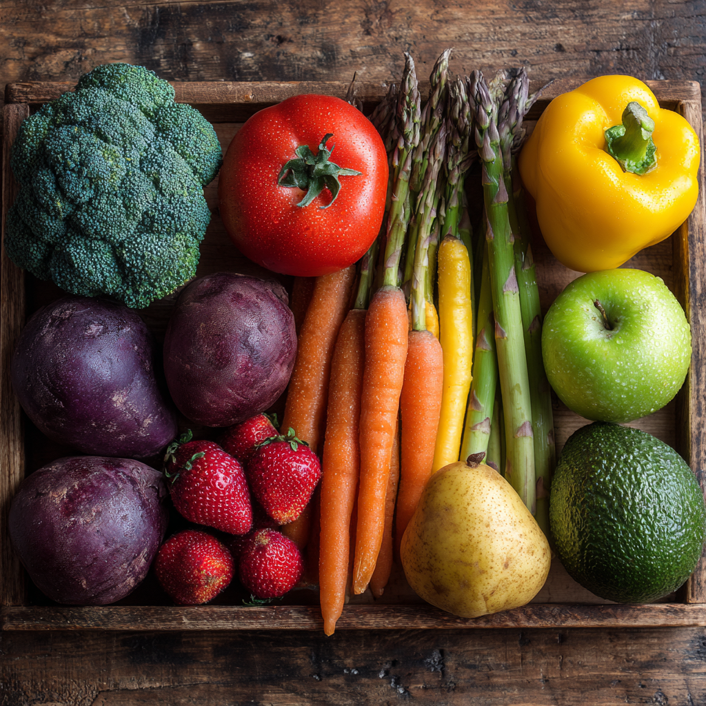 Fresh colorful vegetables and fruits rich in potassium and magnesium arranged on wooden table, representing heart-healthy nutrition