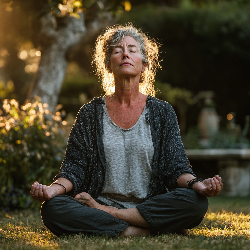 Middle-aged woman practicing yoga outdoors in peaceful garden setting, demonstrating natural stress relief techniques