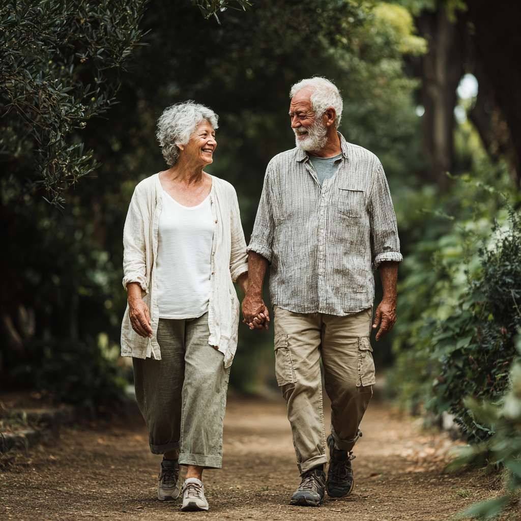 Senior couple walking together in park holding hands, demonstrating gentle cardiovascular exercise for heart health
